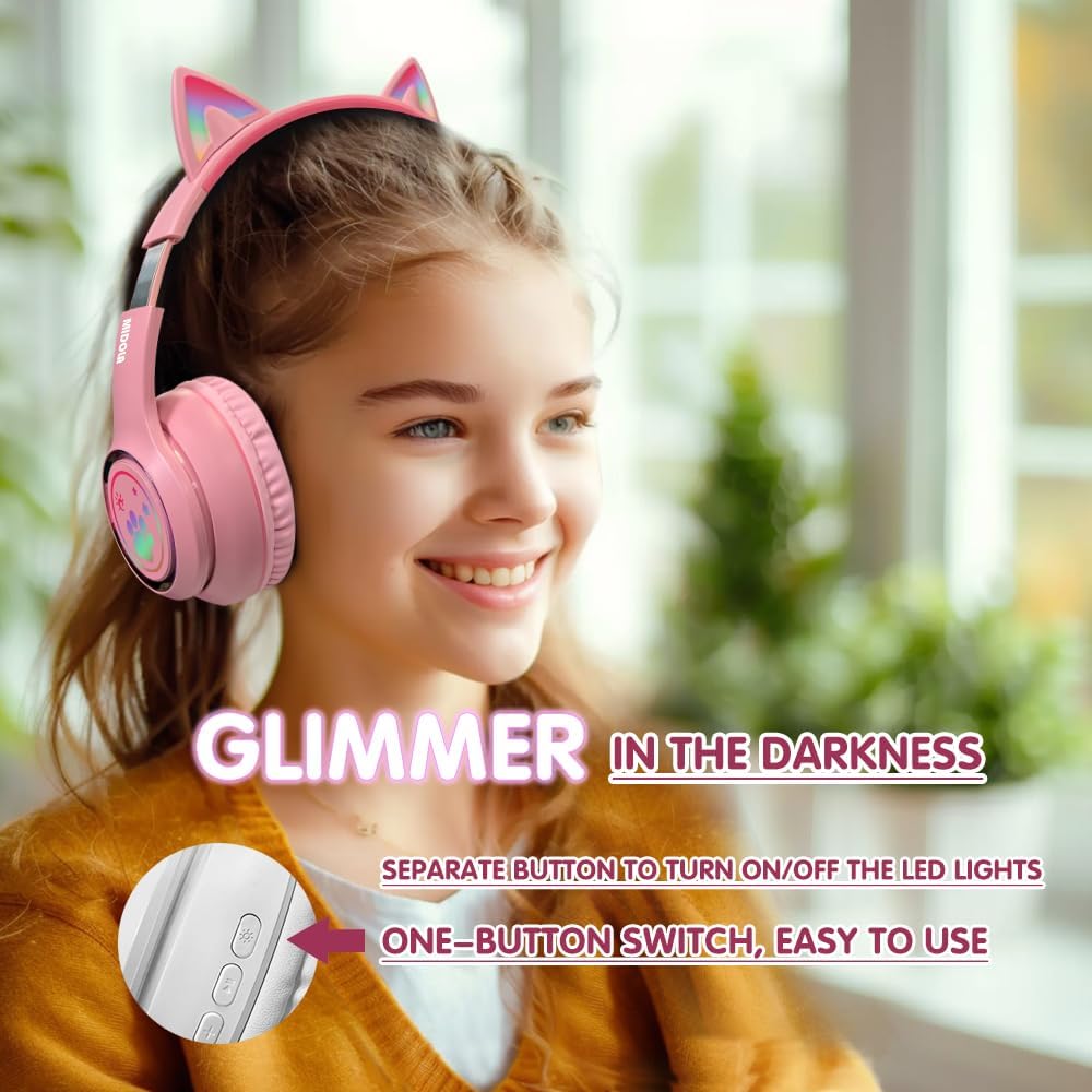 MIDOLA ヘッドホン 猫耳 ワイヤレス Bluetooth 5.3 60時間 オーバーイヤー 8時間 LEDライト付き 折りたたみ式 音楽ゲーミングヘッドセット AUX 3.5mmマイク付き ゲームパッド タブレット ノートパソコン 電話用 ピンク - Image 2