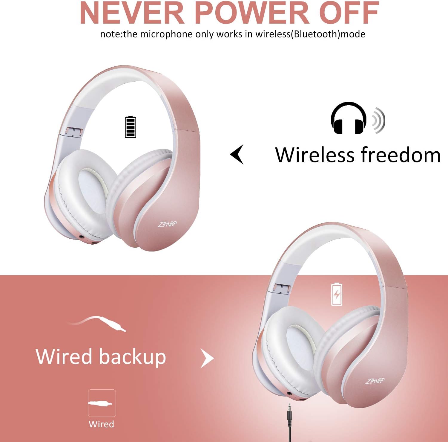 ZIHNIC Bluetoothヘッドホン オーバーイヤー 折りたたみ式 ワイヤレス&有線ステレオヘッドセット Micro SD/TF FM 携帯電話/PC用 ソフトイヤーマフ&軽量で長時間着用可能(ローズゴールド) - Image 4