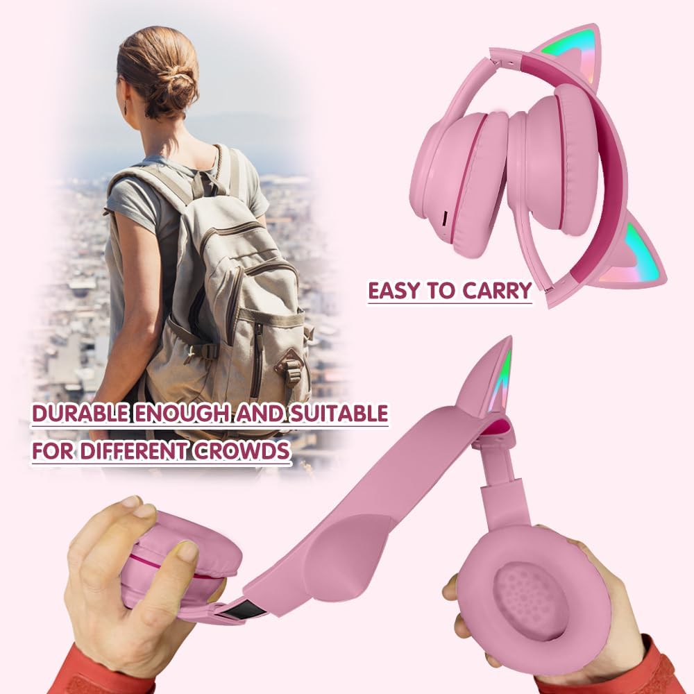 MIDOLA ヘッドホン 猫耳 ワイヤレス Bluetooth 5.3 60時間 オーバーイヤー 8時間 LEDライト付き 折りたたみ式 音楽ゲーミングヘッドセット AUX 3.5mmマイク付き ゲームパッド タブレット ノートパソコン 電話用 ピンク - Image 5