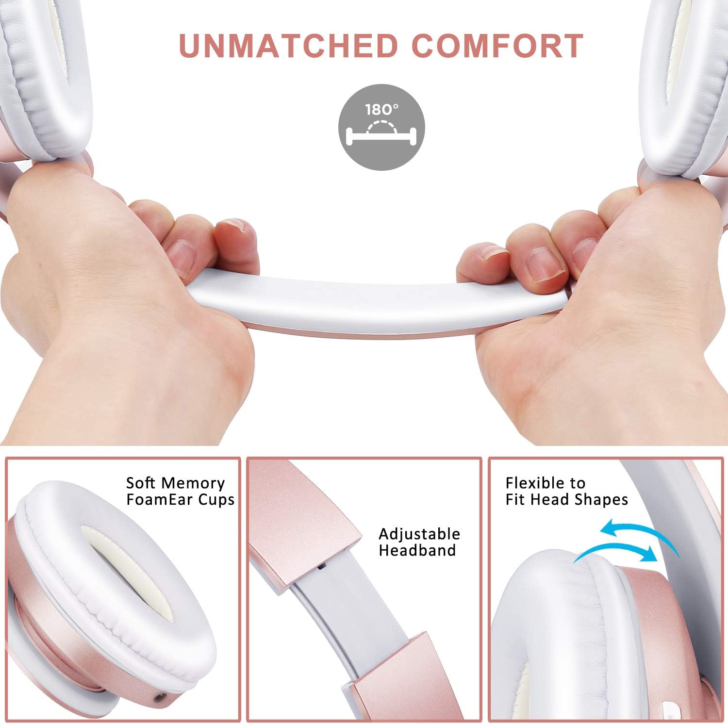 ZIHNIC Bluetoothヘッドホン オーバーイヤー 折りたたみ式 ワイヤレス&有線ステレオヘッドセット Micro SD/TF FM 携帯電話/PC用 ソフトイヤーマフ&軽量で長時間着用可能(ローズゴールド) - Image 5